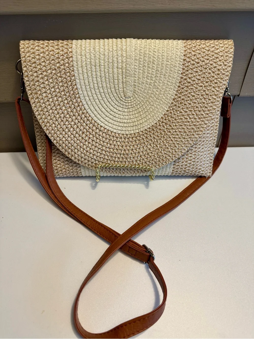 Woven Straw Tote Bag with Brown Strap - Neutral Cream/Beige